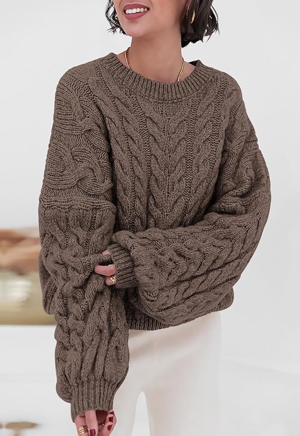 PRETTYGARDEN Womens Sweaters Spring 2026 Cable Knit Long Sleeve Crewneck Oversized Sweater Chunky Pullover Loose Outfits