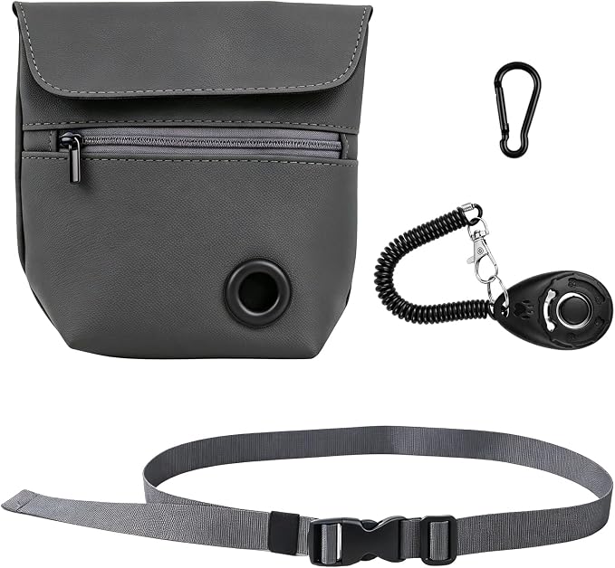 Dog Treat Pouch and Dog Training Clicker, Waterproof Dog Training Treat Bag with Magnetic Closure, Poop Bag Dispenser, Adjustable Waist Belt and Shoulder Strap