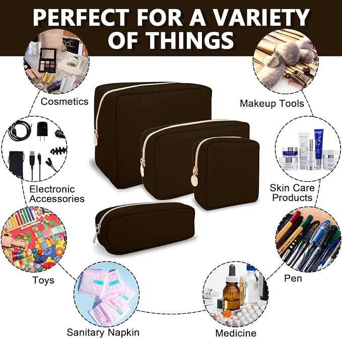 UIXIZQ Small Makeup Pouch for Purse, Nylon Travel Toiletry Storage Pouch Cute Preppy Cosmetic Bag for Women Girls, Waterproof Makeup Organizer Skincare Bag Purse with Zipper (Small-Chocolate)