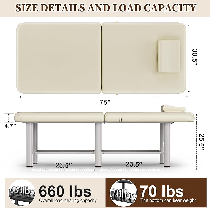 Olela Wide Foldable Massage Table - Professional Massage Table with Adjuatable Backrest & Large Storage Space, Treatment Tables with Metal Frame and Pu Leather for Spa, Beauty, Rehabilitation