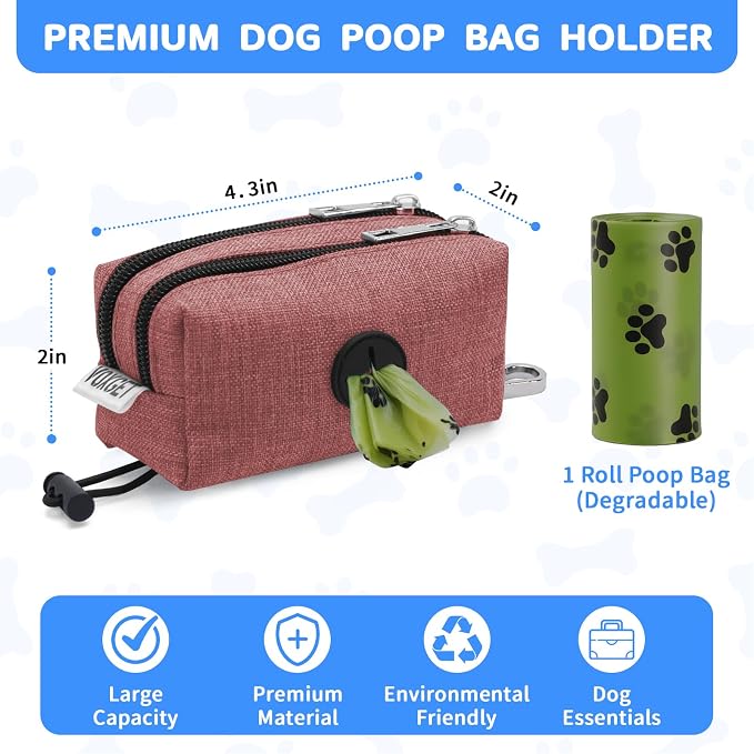 Dog Poop Bag Holder with Treat Pouch, 2 Zipper Pockets & Leash Clip