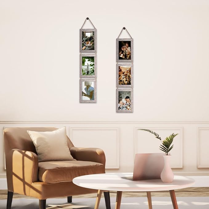 QUTREY 4x6 Collage Picture Frames, 6 Openings Vertical Hanging Photo Frame Set of 2, 4 by 6 inch Multi Picture Frames for Wall Decor, Rustic Grain