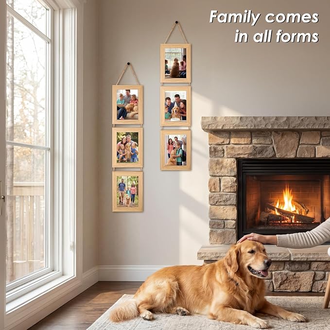 QUTREY 5x7 Collage Picture Frames, 6 Openings Hanging Photo Frame Set Display Vertical 5 by 7 inch Pictures for Wall Decor, Natural Wood, 2 Pack