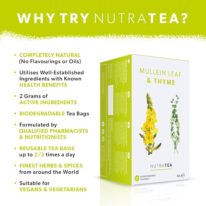 NutraTea - Mullein Leaf & Thyme Tea - Mullein Tea - Thyme Teabags For Lungs & Throat - 20 Individually Wrapped Bags - Herbal Infusion (1 Pack)