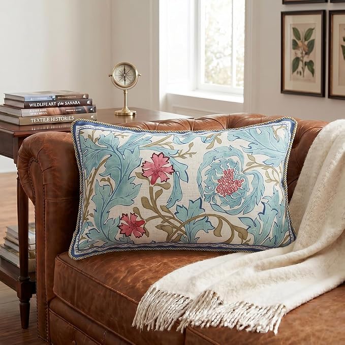 patdrea Designer Vintage Linen Throw Pillow Cover,12"x20"-Fromm A | Luxury Decorative Pillow Case with Zipper,Blue Floral Pattern,Pillow Cover for Couch Living Room Bedroom Sofa