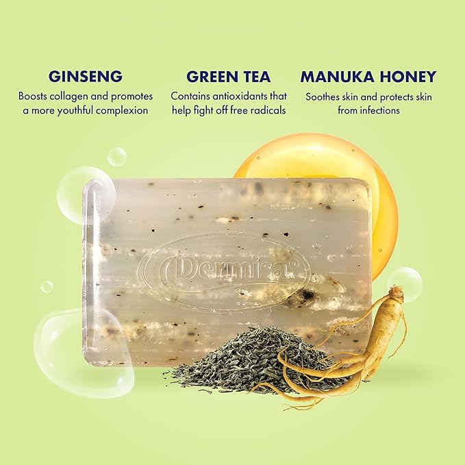 Dermisa Green Tea Bar with Manuka Honey and Ginseng, Gently Exfoliating Antioxidant Soap for Acne-Prone Skin and Daily Cleansing, 3.0 Oz