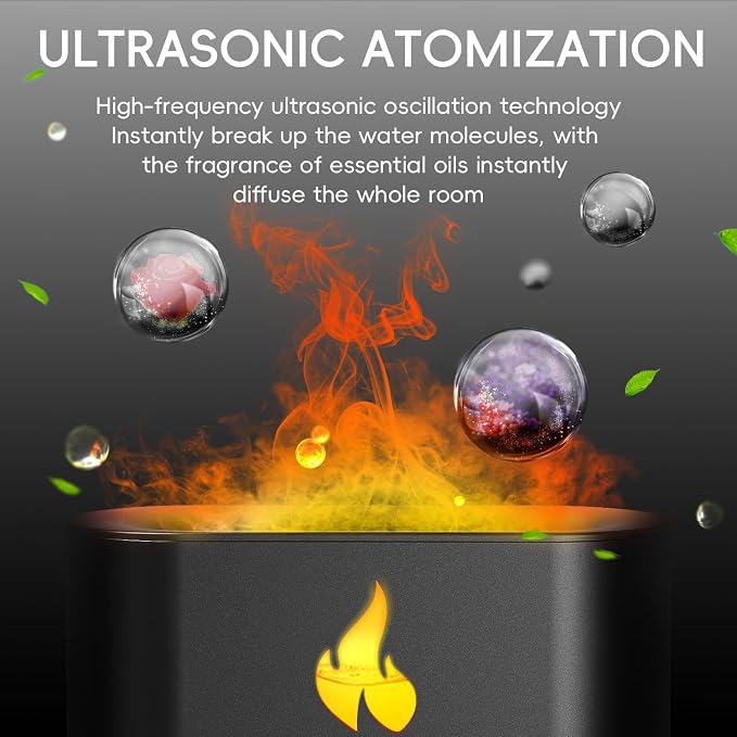 YALEDI Essential Oil Diffuser, Fireplace Flame Fire Oil Diffuser, 250ml Himalayan Salt Lamp Diffuser, Cool Mist Aromatherapy Humidifier with 7 Colors Light, Timer & Auto-Off for Home, Room (Black)