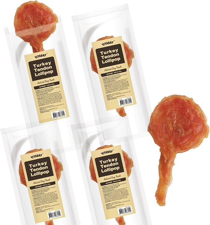 VITADAY All Natural Turkey Tendon Dog Treats, Lollipop, 4-Pack | Long-lasting dog training treats, Rawhide-free made of USA-sourced turkey