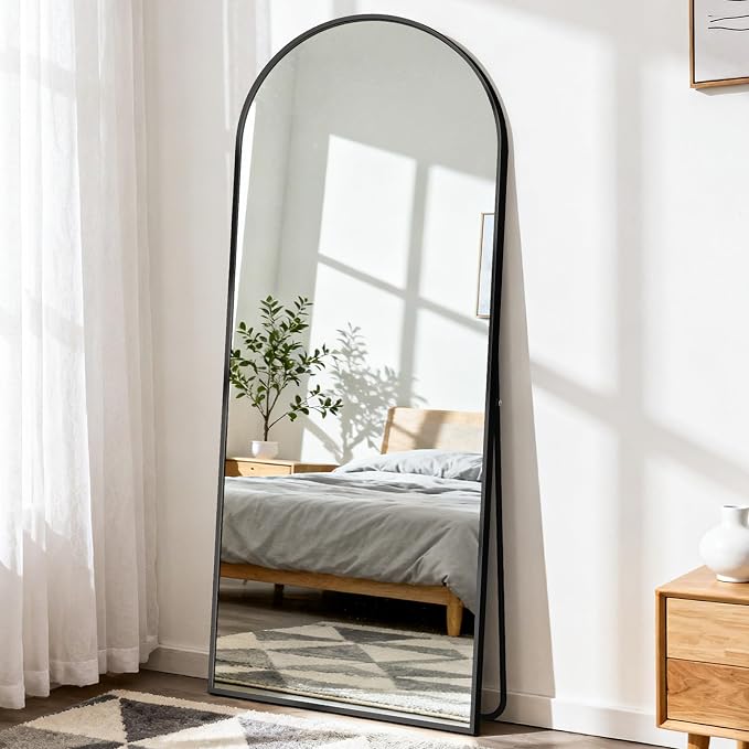 DUMOS 64"x21" Arched Full Length Mirror with Stand, Full Body Floor Mirror | Free Standing or Wall Mount, Nano Glass Aluminum Frame, Hanging or Leaning, Modern Simple Home Decor, Black