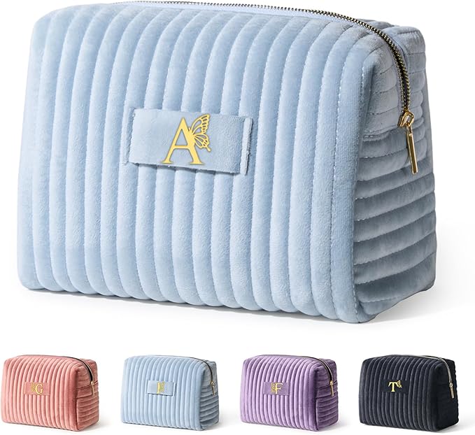COSHAYSOO Customized Teacher Appreciation Gifts for Women Nurse Graduation Gift Doctor Female Nursing Travel Makeup Bag Quilted Make Up Cosmetic Pouch Organizer Dusty Blue Monogram Initial Letter A