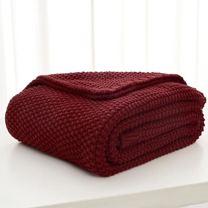 Chunky Cable Knit Throw Blanket Lightweight Burgundy 100% Organic Cotton Blanket for Sofa Couch Bed Baby Nursery, Rustic Shabby Chic Modern Farmhouse, 51” x 63” Give Laundering Bag