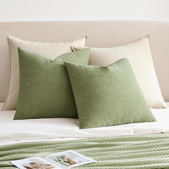 MIULEE Sage Green Chenille Couch Throw Pillow Covers, 18x18 | Set of 2, Soft Modern Farmhouse Style, Decorative Pillowcases for Sofa Living Room Bed, Home Decor