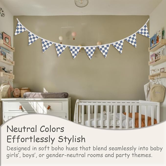 Boys Room Wall Art Decor,Cars Room Decor for Toddler Nursery Playroom,Blue and White Checkered Garland Triangle Banners,Racing Flags 11Ft Bunting Flags Fabric for Baby Shower Birthday Party