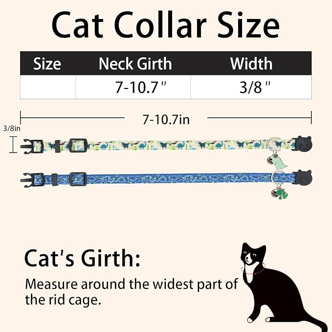 Cat Collars for Boy Cats, 2 Pack Breakaway Cotton Kitten Collar with Bells and Removable Charms, Cute Dinosaurs Shaped