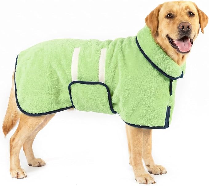 Dog Bathrobe, Super Absorbent for Small to Large Dogs, Neon Green L | Dog Robes with Soft Fleece, Warm & Cozy, Adjustable Fit, and Quick Drying Coat for Baths Swimming and Grooming