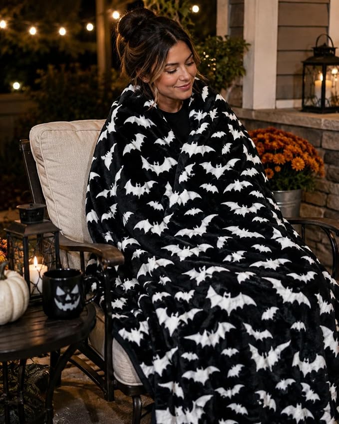 Halloween Fleece Throw Blanket, Silver White Bats on Black, Oversized 50x70 | Ultra-soft cozy flannel fleece, for sofa couch bed chair & dorms, spooky Halloween décor, durable and machine washable.