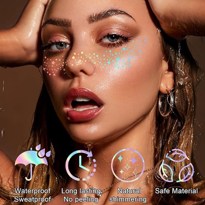 12pcs Glitter Freckles,Face Glitter Freckles Face Tattoo Sparkle for Teenagers Young Women, Gold Holographic Face Body Makeup Patches for Christmas Halloween Rave Fairy Accessories Outfits