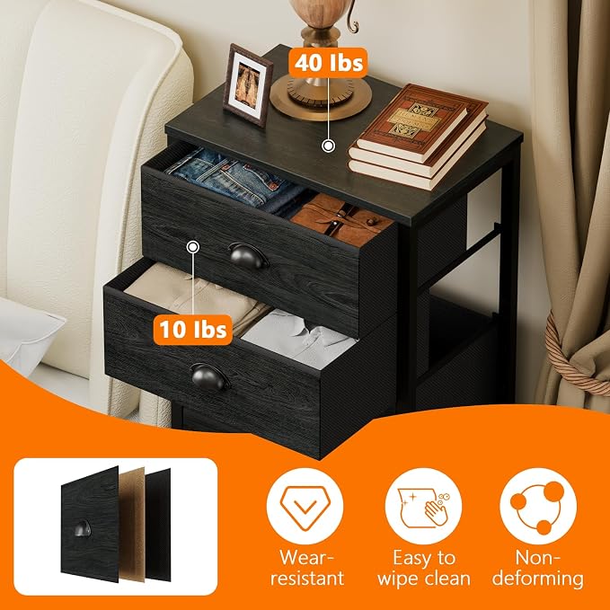 Black Dresser for Bedroom, Tall Fabric Chest of Drawers | Bedroom Dresser with 6 Fabric Bins, Vertical Storage Drawer for Dorm, Organizer in Closet, Living Room, Wood Top, Metal Frame