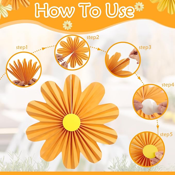 SUNBEAUTY Orange Paper Flowers Decorations for Wall Paper Fans Daisy Decoration for Women Birthday Spring Easter Wedding Garden Tea Party Baby Shower Decor Set of 9