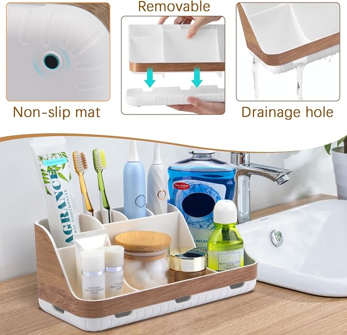GFWARE Bathroom Countertop Organizer - Detachable 7 Slots Kids Electric Toothbrush and Toothpaste Holde Drainage for Bathroom Accessories Organization Counter Vanity Storage, Woodgrain