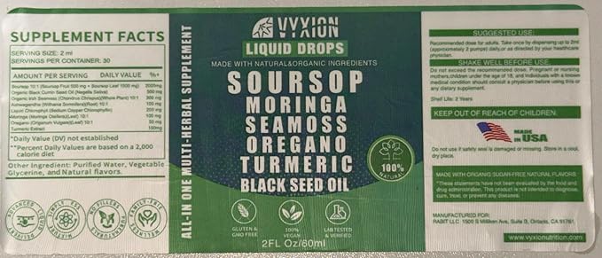 Vyxion Soursop Bitters Liquid Drops 10 in 1 with Sea Moss, Moringa, Turmeric, Black Seed Oil, Oregano, Ashwagandha | Herbal Extracts for Overall Health-Enhancing | Vegan, Non-GMO | 2 Fl Oz
