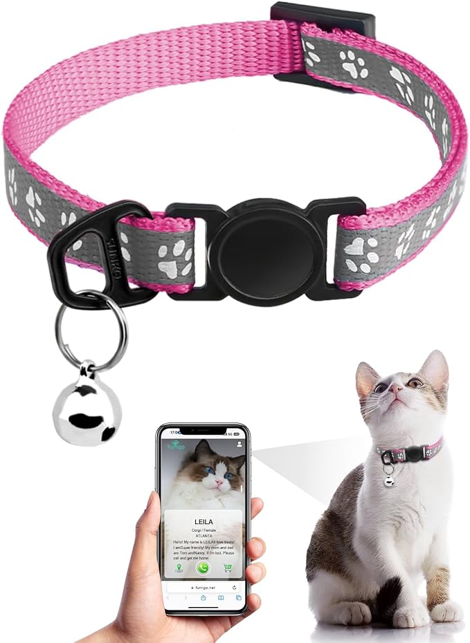 Breakaway Reflective Cat Collar with QR Name Tag & Bell (Rose red)
