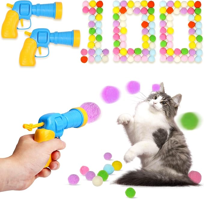 TEAWOO 100Pcs Cat Toys Pom Pom Balls with 2 Launcher Set | Interactive Cat Toy Stuff for Indoor Both Adult & Kitten Toys, 2 launcher & 100 balls