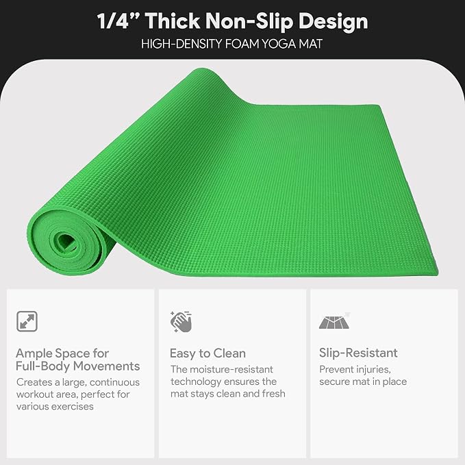 Fitvids All Purpose 1/4-Inch High Density Anti-Tear Exercise Yoga Mat with Carrying Strap, Multiple Colors