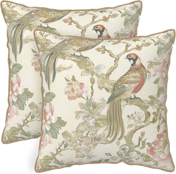 Vintage Cream Chinoiseriel Soft Velvet Throw Pillow Covers Set of 2 Bird Floral Flowers Leaves Decorative Pillow Covers 20x20 Inch Rustic Farmhouse Pillow Case For Sofa Couch Living Room Home Decor
