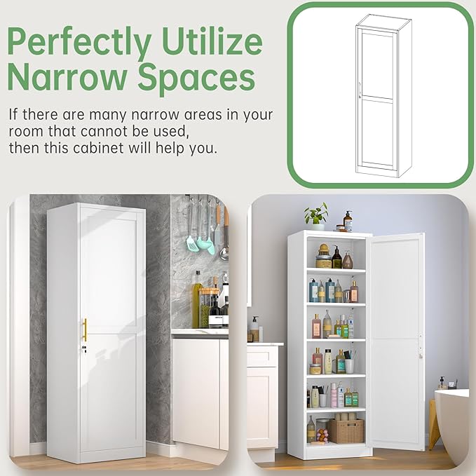 Metal Locker Tall Narrow Storage Cabinet, 67" H Locking Tool File Cabinets Snack Locker Organizer for School Classroom,Bedroom,Gym Home Office,Entryway and Hallway (20" W 1Door White)