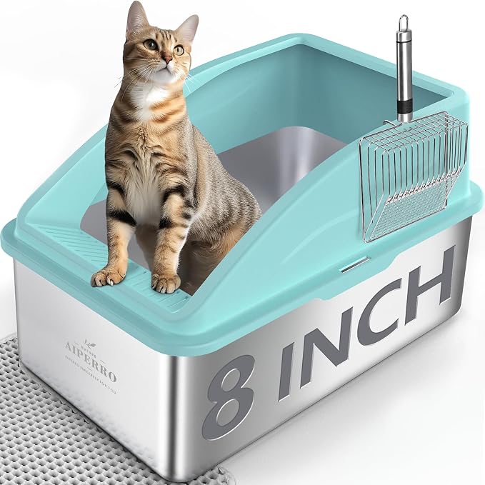 AIPERRO Stainless Steel Cat Litter Box | XXL Deepened 8" Design | Metal High Sided Box with Lid for Big Cats | Anti-Urine Leakage | Non-Stick & Easy to Clean with Litter Mat & Metal Scoop