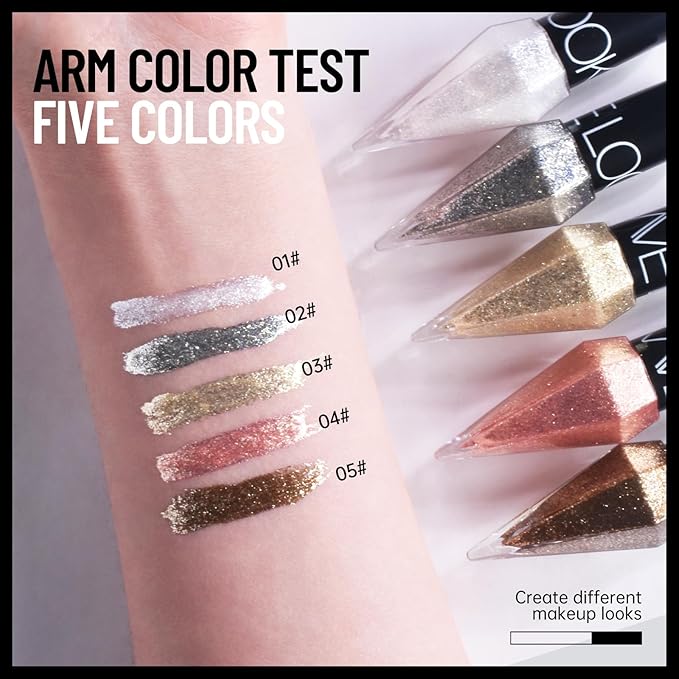 Glitter Liquid Eyeliner Colorful Set, 5 Colors Metallic Shimmer White Silver Gold Rose Eyeliner Waterproof Long Lasting Sparkle Glitter Liquid Eyeshadow Dazzling Valentine's Day Eye Makeup for Women