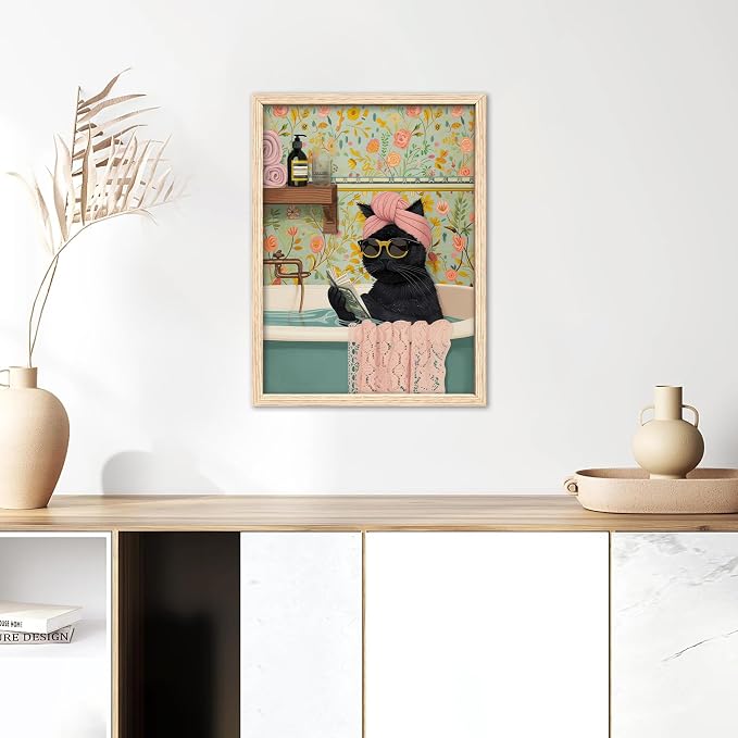 ICHZUMW Framed Funny Black Cat in Bathtub Canvas Bathroom Wall Art 12x16 In | Humorous Cat Wearing Sunglasses Reading Book, Girly Pink Dopamine Bathroom Wall Decor, Restroom Powder Room, Ready to Hang