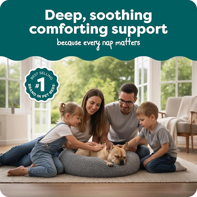 Furhaven 30" Round Calming Donut Dog Bed for Medium/Small Dogs, Refillable w/ Removable Washable Cover, For Dogs Up to 45 lbs - Shaggy Plush Long Faux Fur Donut Bed - Gray, Medium
