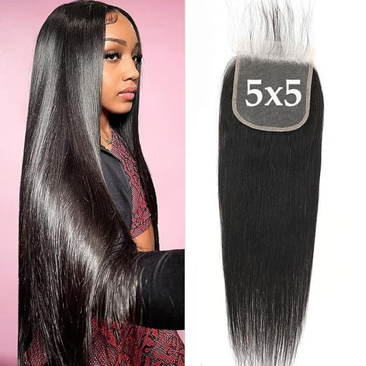 5x5 HD Transparent Lace Closure - Straight Human Hair, Brazilian, 20inch, Virgin, 100% Real, Free Part, Pre Plucked, Natural Black, Glueless