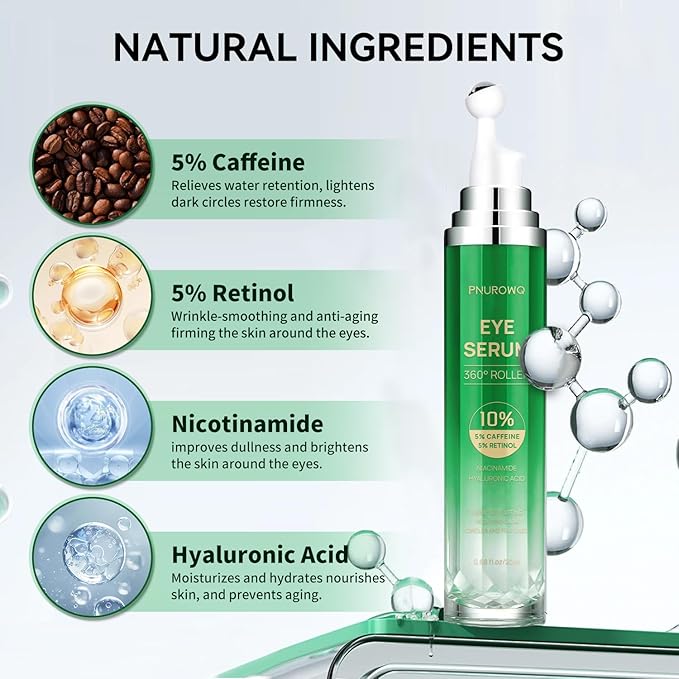 5% Caffeine Eye Cream, Under Eyes Serum for Dark Circles and Puffiness, 360° Massage Roller Ball Eye Bags Treatment Serum, Reduces Wrinkles Fine Lines for Women