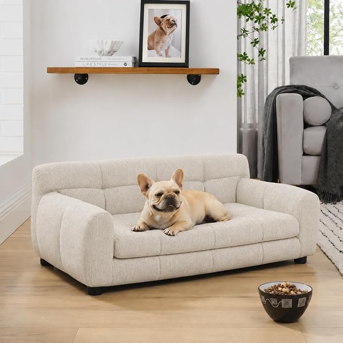38"x22" DOD Sofa for Small & Medium Dogs | Removable Cushion Cover | Stable Low-Leg Frame | Breathable Linen Fabric | Armrest & Backrest | Easy to Clean | Beige