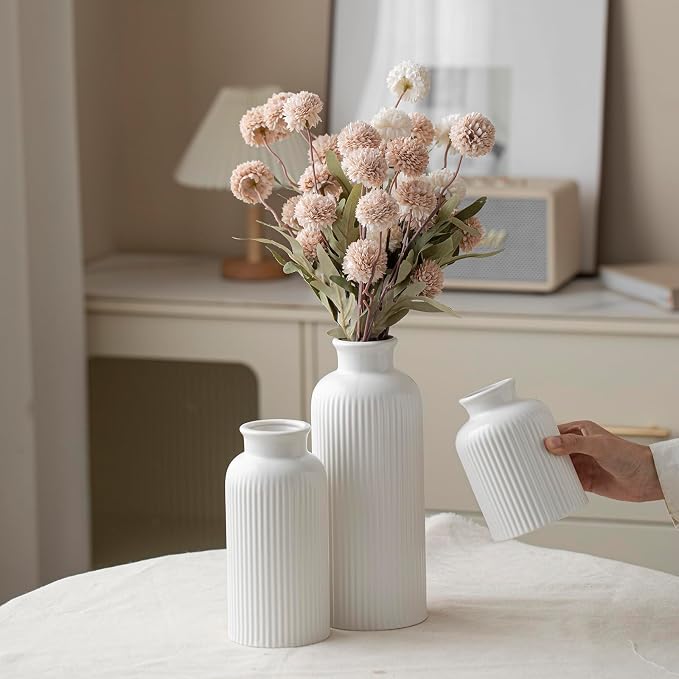Large Modern Ceramic Vase Set, White Ribbed Matte Design, 10 Inch Tall, 4 Inch Width, 3-Piece Decorative Vases for Home, Living Room, Office (XL Matte Glaze White)