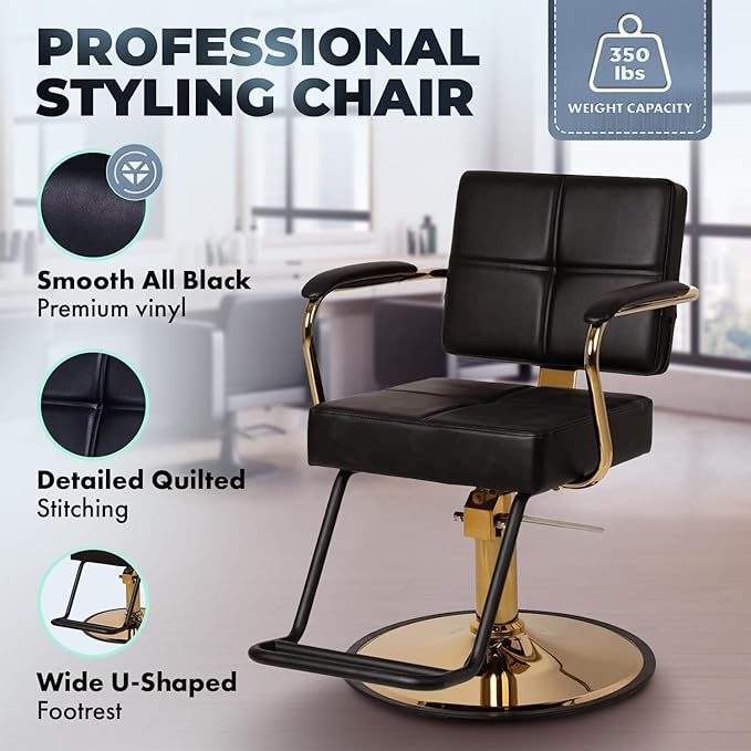 Buy-Rite Victoria Styling Chair for Professional Salons and Barbers, Gold Frame, Smooth All Black Premium Vinyl with Detailed Stitching, Hydraulic Pump, NIN-5506