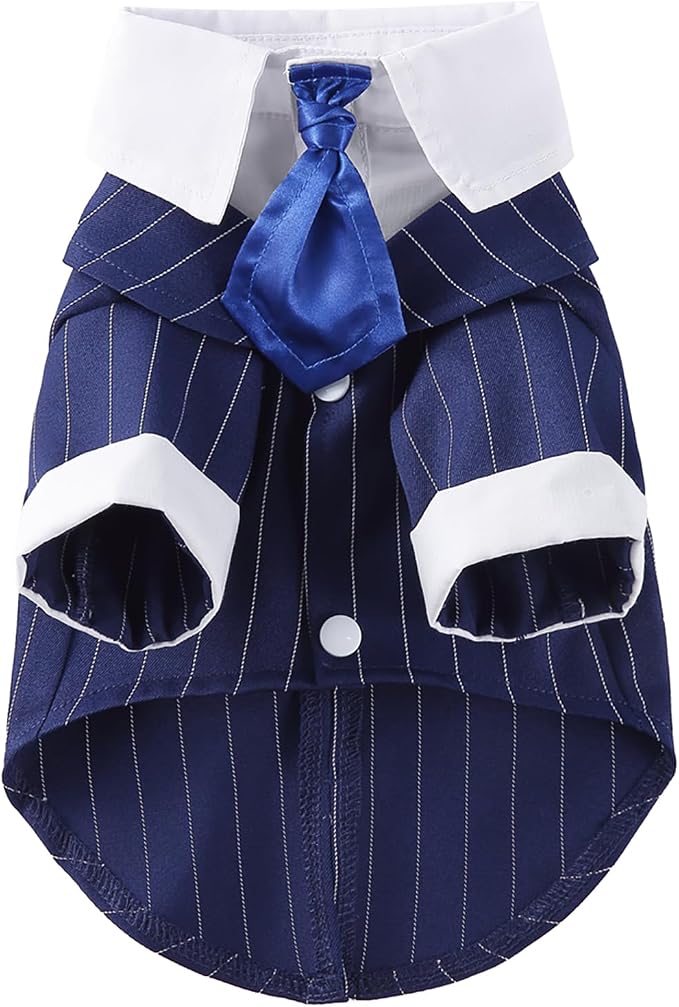 GabeFish Pets Wedding Jackets Suit for Dogs with Bow Tie Puppy Cat Formal Clothes Shirt Tuxedo (BlueStriped, M (Chest 15.3in/39cm)