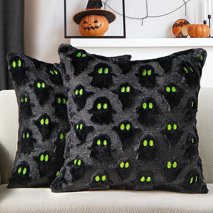 DFXSZ Halloween Pillow Covers 18x18 inch 2Pcs Black Ghost Halloween Decor | Halloween Decorations Set of 2 Throw Pillow Cases Plush Faux Fur Wool Cushion for Chair Sofa Bedroom Living Room Home Decor
