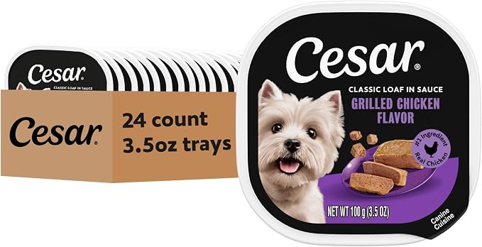 Cesar Classic Loaf in Sauce Wet Dog Food, Grilled Chicken, 3.5 oz, 24 Count | Made in USA, Real chicken #1 ingredient, slow-cooked tender texture, no fillers or artificial flavors, easy peel trays