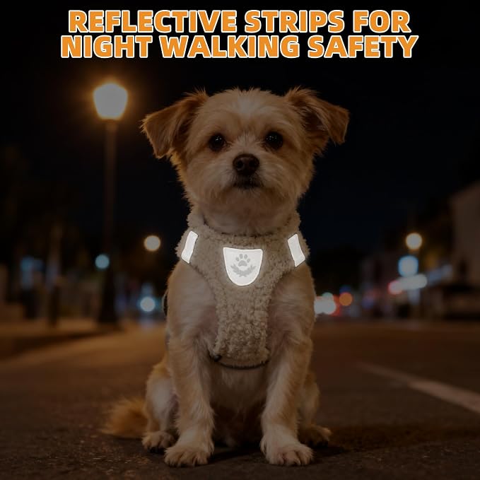 KOOLTAIL Plush Small Dog Harness and Leash Set, Warm Fleece No Pull Puppy Vest for Winter, Lightweight Reflective Step in Pet Harness for Medium Sized Dogs Boy Girl Outdoor Walking Cute Soft, Beige S