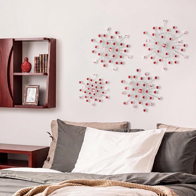 Blulu 4 Pcs Metal Wall Decor Bling Crystal Wall Art Cast Iron Rhinestones Sunburst Decor Starburst Art Hanging Diamond Accents Decorative for Living Room Bedroom Entryway (Red)