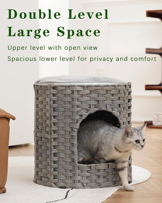 SETVSON Cat House for Indoor Cat, Large Double Cat Houses Cat Bed, Gray | Handwoven PE Rattan Bed Cave with One Soft Pad, Spacious 17 x 17 x 17 In Foldable Kitten Hideaway, Easy to Clean