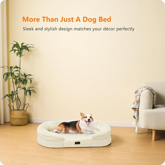 Dwanton Orthopedic Waterproof Medium Dog Bed Sofa, Gel Memory Foam, 36" | Egg-Crate Foam Dog Sofa, Washable Pet Bed with Four Sided Bolster Cushion, Removable Cover & Non-Slip Bottom, Beige