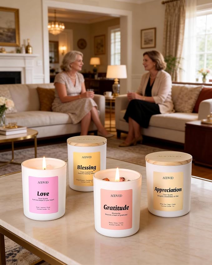 AOOVOO Healing Candles Set for Women - 4 Pack Candles for Home Scented, Aromatherapy Candle with Crystals, Gratitude Rhodonite/Appreciation Clear Quartz/Blessing Aventurine/Love Rose Quartz