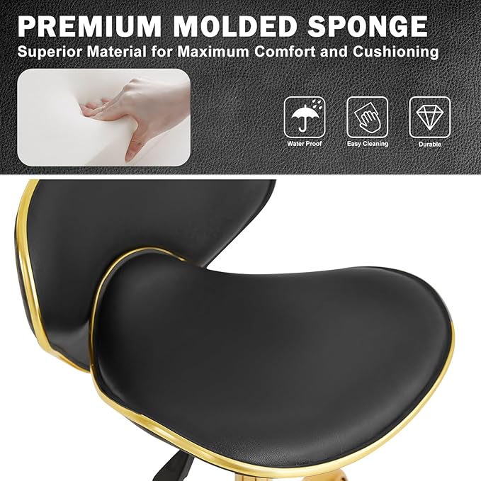 Rolling Salon Stool with Back, Set of 2 Saddle Chair Adjustable Swivel Chair for Massage Tattoo, Comfy Swivel Stool with Wheels for Beauty, Esthetician, Medical, Shop-Black