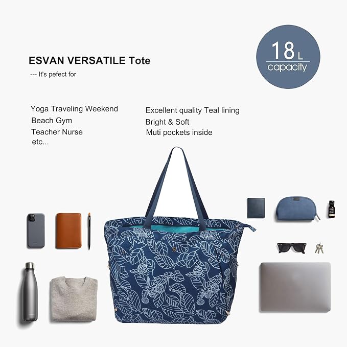 ESVAN Yoga Tote Bag for Women Drawstring Canvas Shoulder Bags for Workout Travel Carryall Pilates Gym and Beach