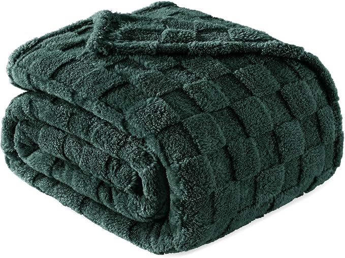 Exclusivo Mezcla 3D Checkered Fleece Queen Blanket for Bed, Green | Super Soft and Cozy Fluffy Blanket, Lightweight, Breathable, Decorative Blanket for Living Room, Bedroom, All Season, 90"x90"